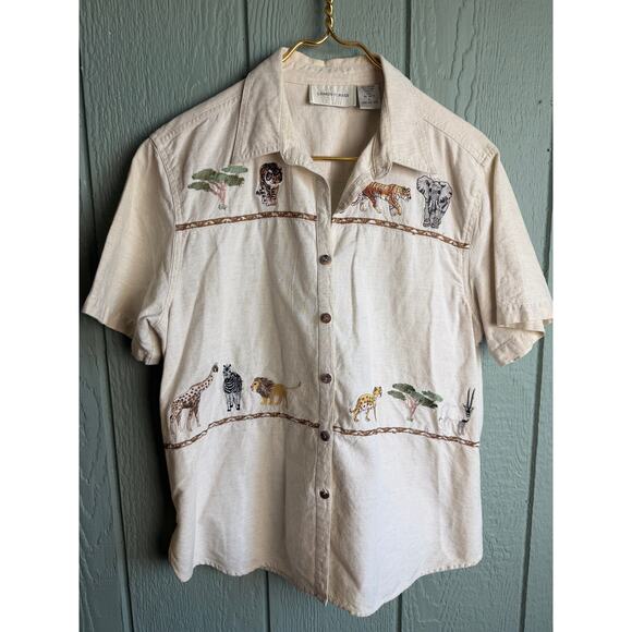 Vintage Safari Animal Embroidered Shirt Women’s Large Linen Cotton Blend - Picture 1 of 5